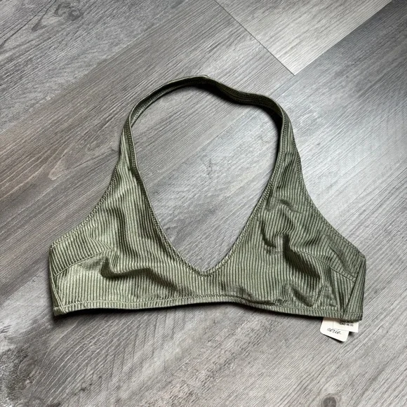 Aerie Ribbed Halter Bikini Top Plunge Adjustable Olive NEW Swim - Picture 2 of 8